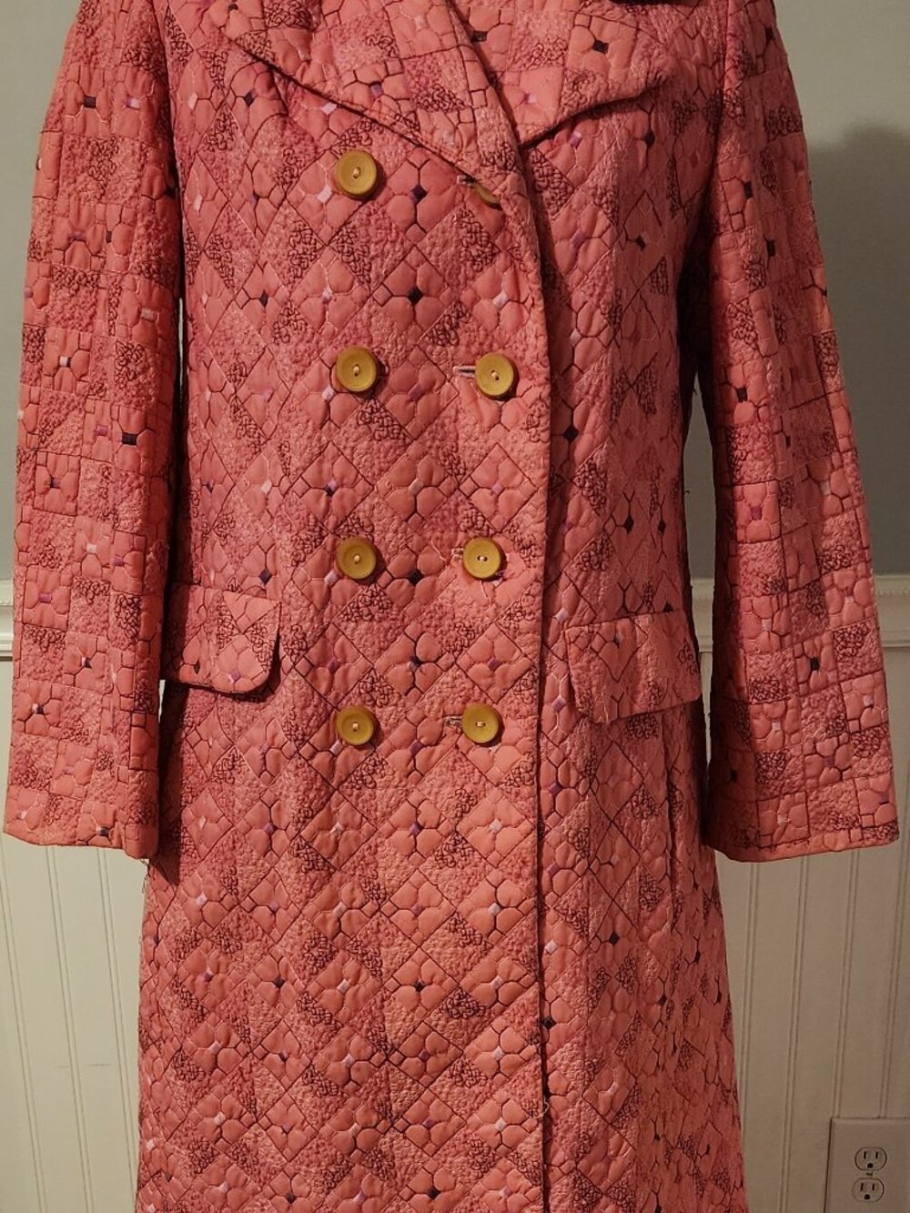 1960's Fabulous Nylon Blend Quilted and Embroidered Double Breasted Coat
